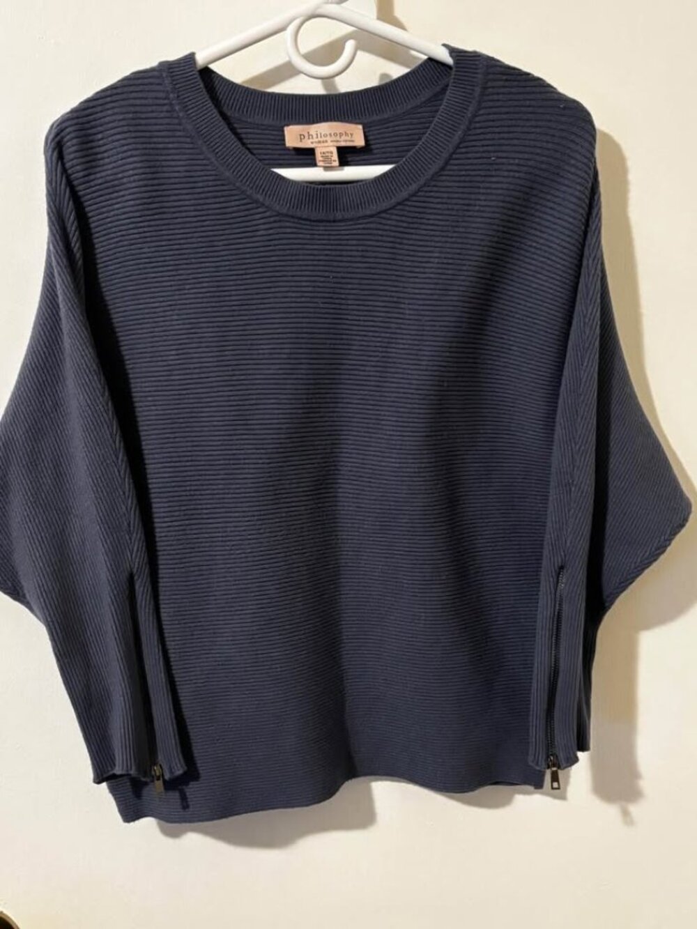 Philosophy Woman 1X Navy Ribbed Sweater Dolman Sleeve Side Zippers